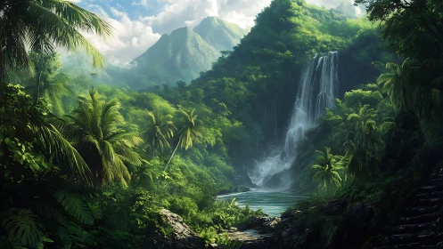 Lush tropical waterfall valley under misty emerald peaks.