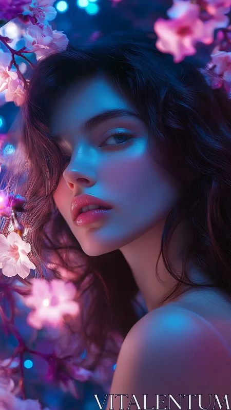 Neon-lit portrait amid luminous cherry blossoms at night.