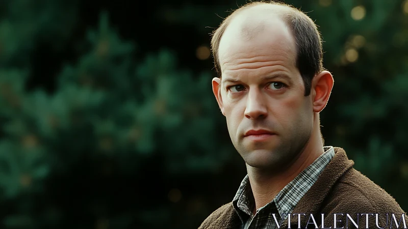 Balding man in brown jacket against soft forest bokeh.