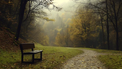 Solitary Bench in Autumn Forest: Atmospheric Landscape Study.