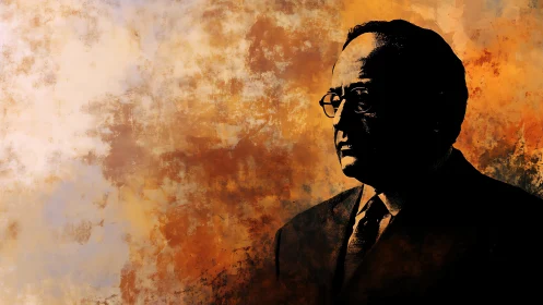 Silhouetted suited figure against abstract ember clouds.