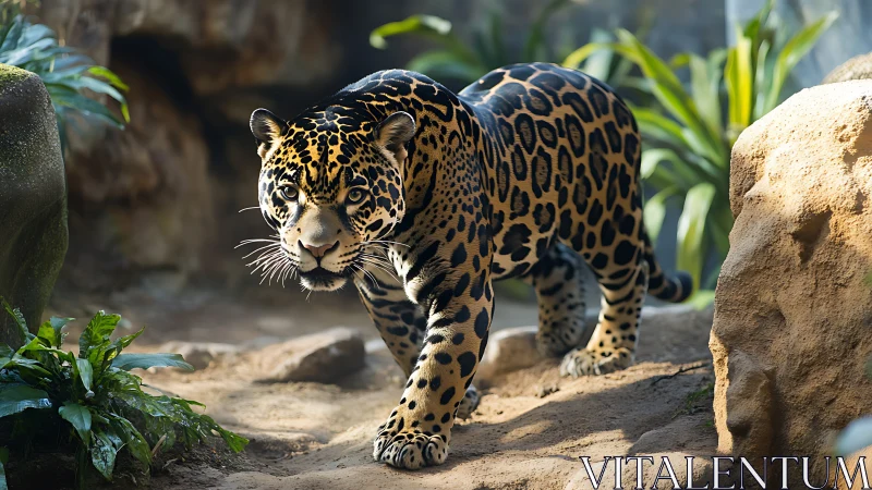 Golden jaguar strolling through a sunlit jungle path.