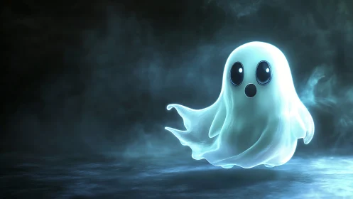 Glowing cartoon ghost floats through eerie blue mist.