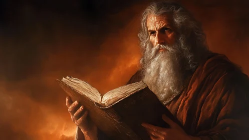 Elderly bearded man studies worn book under warm lighting