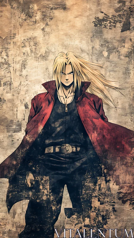 Long-haired figure in red coat stands against textured wall