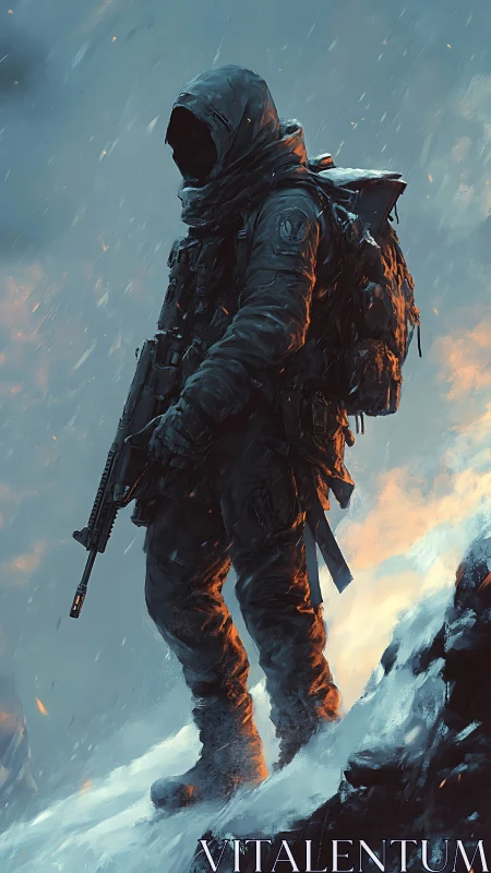 Hooded armed figure on snowy ridge in harsh blizzard conditions.