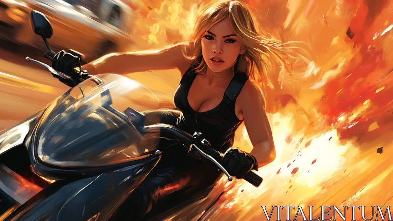 Motorcyclist rides forward with explosion rendered behind