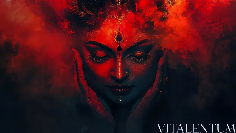 Digital painting of mystical red portrait with smoky halo focus.