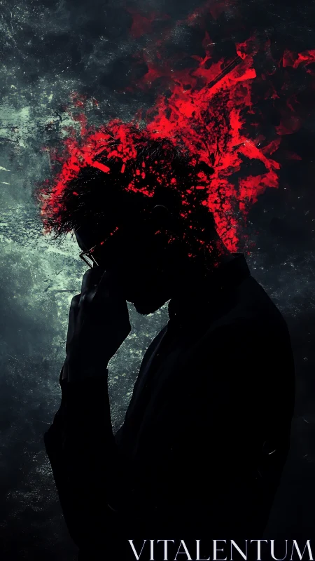 Silhouette of pensive figure with red abstract head burst.