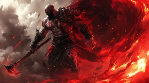 Volcanic warlord in turbulent chromatic flame vortex.