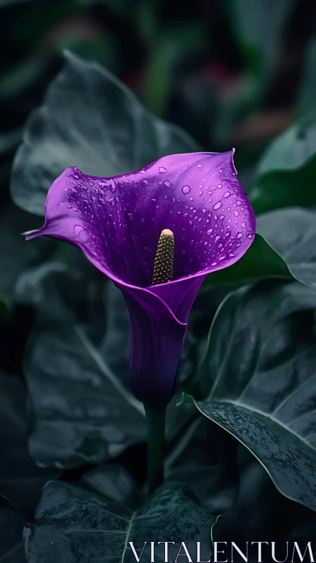 Purple Calla Lily with Dewdrops: Botanical Macro Study.