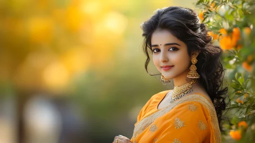 Chromatic portrait of sari-clad woman amid bokeh flora.