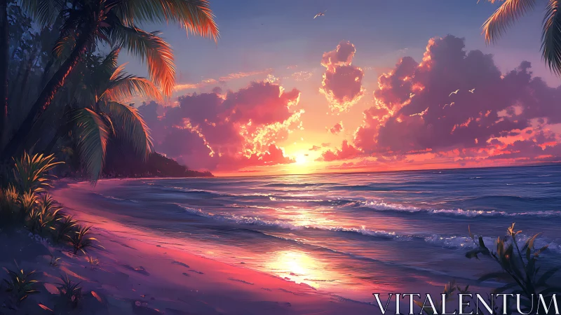 Digital painting sunset seascape with luminous tropical shoreline.
