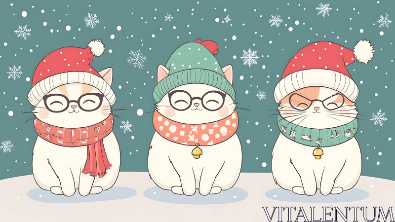 Three Cozy Winter Cats Wearing Holiday Hats and Scarves