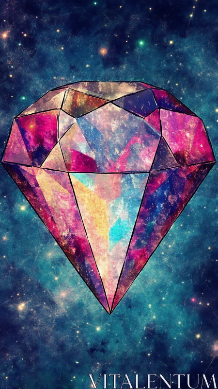Colorful faceted diamond floating against starry galaxy.