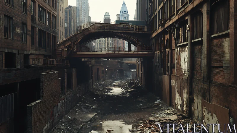 Photorealistic abandoned urban canal with elevated brick bridge.