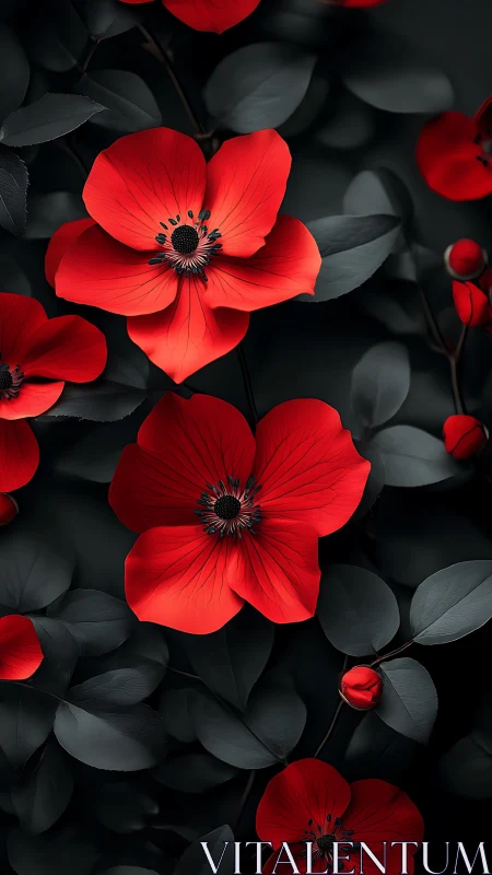 Red Anemone Flowers with Contrasting Dark Foliage and Black Centers