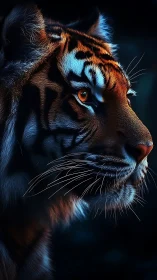 Cinematic tiger portrait in dramatic low-key digital painting.