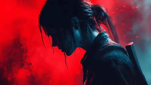 Battle worn woman in red and blue dramatic backlight.