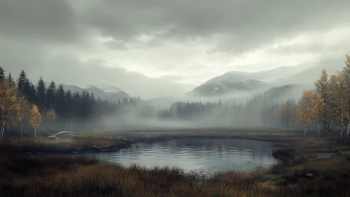 Moody autumn lake beneath misty conifer mountainscape.