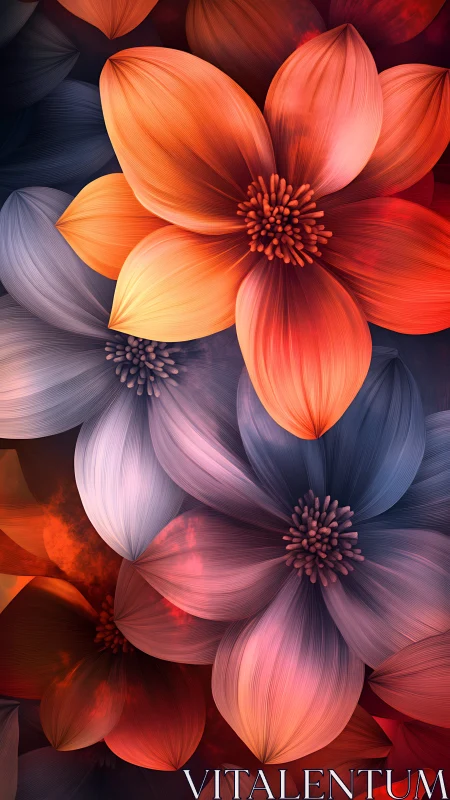 Stylized digital flowers with segmented petals in warm and cool tones.
