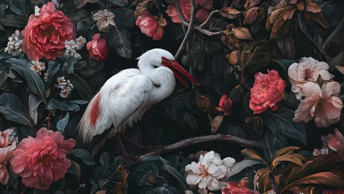 White heron curls into a secret bloom chamber of dusk roses