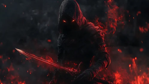 Hooded shadow warrior with flaming crimson blade emerging.