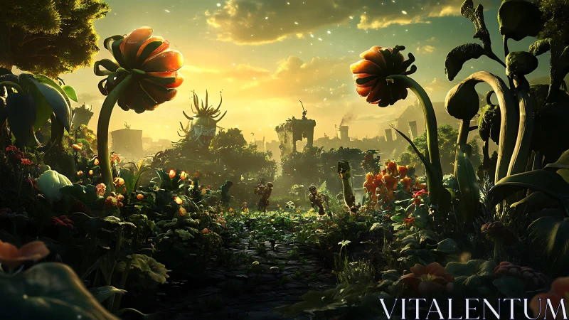 Sunlit Ruined City Garden Where Giant Flowers Whisper Back.