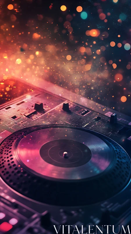 Neon turntable galaxy spinning sparks of late night sound.