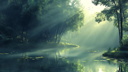 Digital painting of misty riverside forest with dappled light.