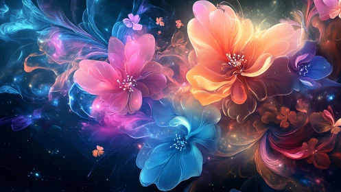 Bioluminescent flowers with glowing petals in cosmic darkness