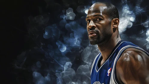 Digital portrait of basketball player with glowing bokeh background.