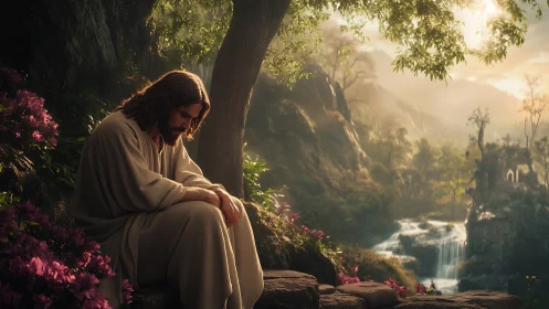 Solitary robed figure seated by tree in sunlit valley.