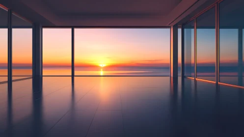 Minimalist oceanfront room with panoramic sunset view.