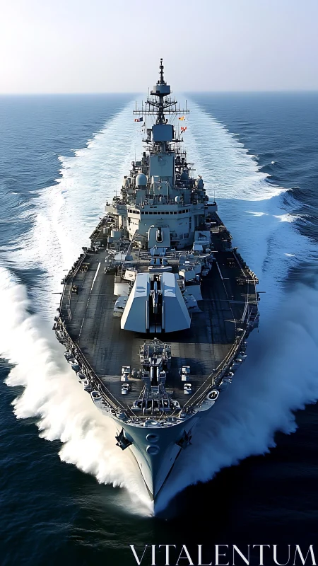 Majestic warship carving bold white paths through sea foam.