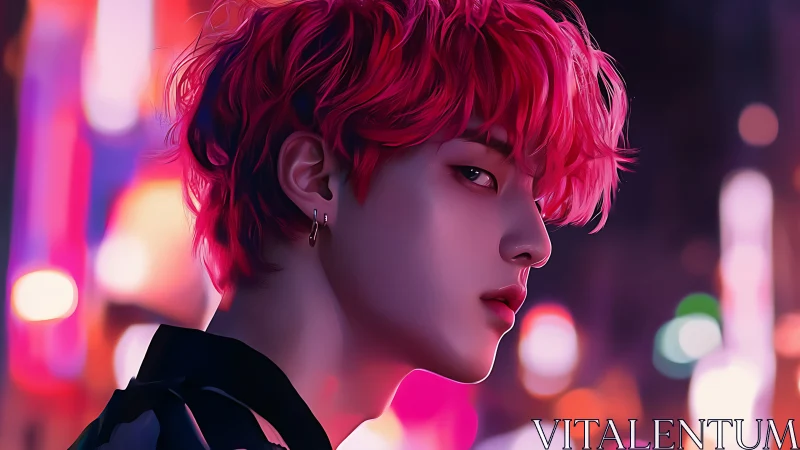 Profile view of red haired figure in neon city setting.