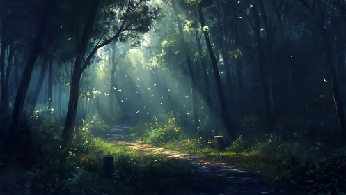 Enchanted Forest Pathway: Luminous Woodland Sanctuary.
