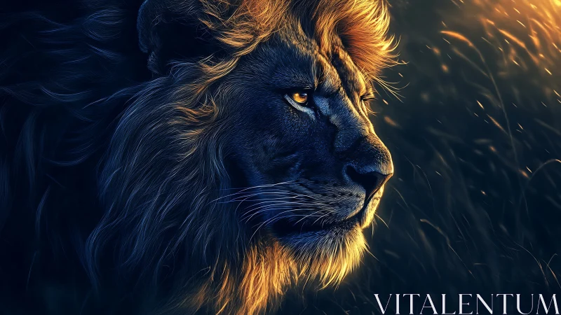 Digital painting profile of lion in dramatic rim lighting.