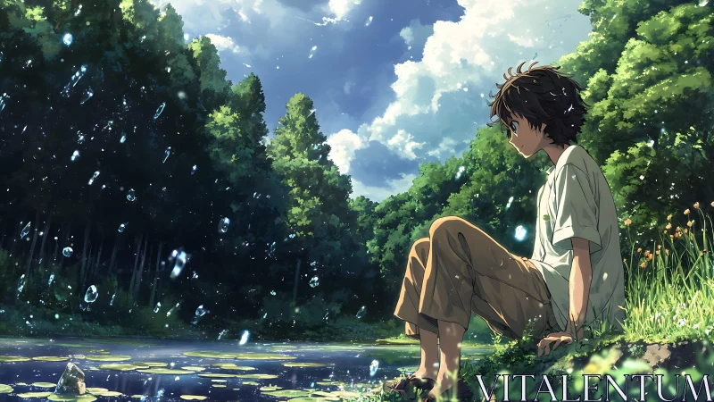 Boy beside forest pond under bright summer rainfall.