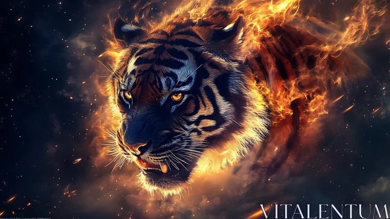 Tiger head in flames against dark abstract background.
