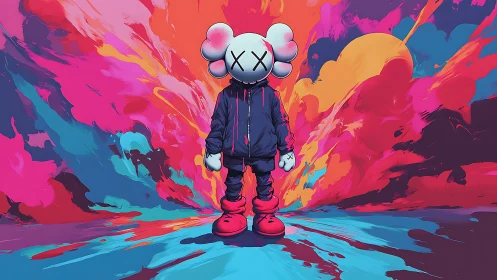 Hooded toy wanderer ignites a neon paintstorm backdrop.