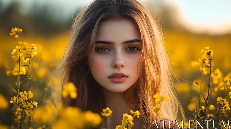 Golden hour girl surrounded by soft yellow wildflowers.