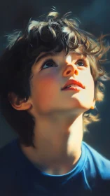 Young figure gazes upward in dramatic golden-hour light