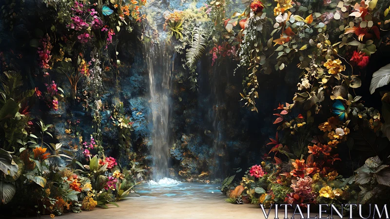 Cascading Sanctuary: Floral Cathedral Embraces Celestial Waterfall.