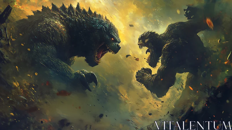 Titan monsters clash amid firestorm and fractured earth.