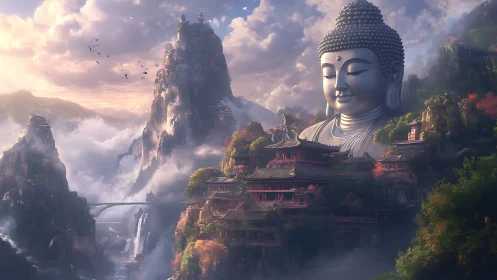 Colossal mountain Buddha overlooks mist-wrapped valley temples.