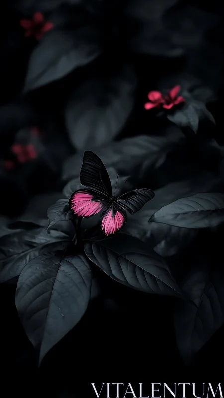 Butterfly with pink wings on dark leaves in low light.