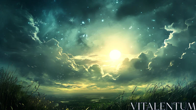 Luminous celestial sunrise penetrates storm-laden cloudscape