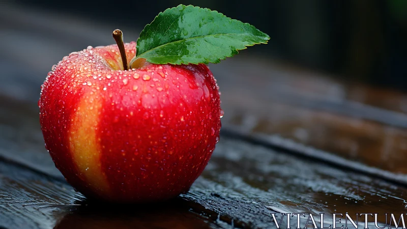 Red apple with water droplets on wet wooden surface.
