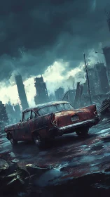 Weathered classic sedan in post-collapse urban wasteland scene.